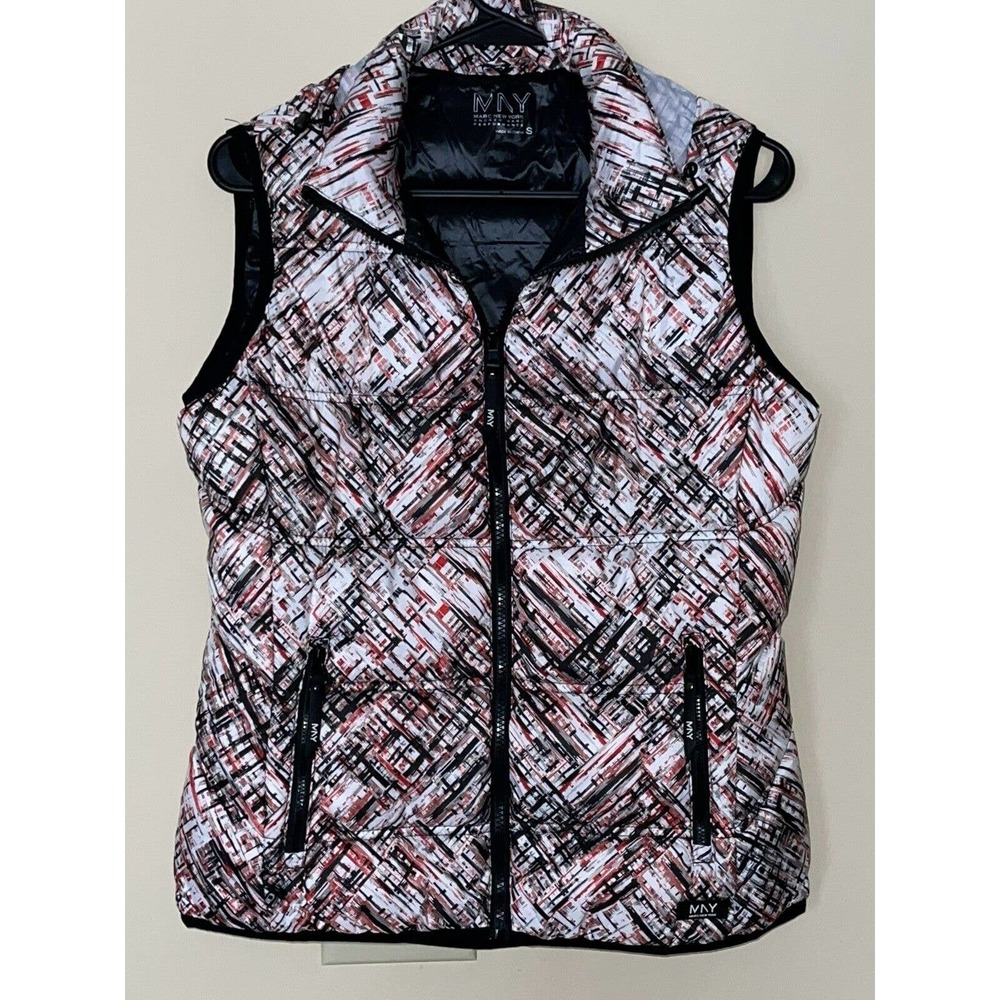 Marc New York Women’s Small Red And Black Abstract Hooded‎ Full Zip Puffer Vest